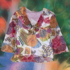 Langevin Paris Floral Print Ruffle Trim Lettuce Trim Tie Front Blouse